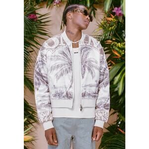 bohooMAN Boxy Satin Printed Bomber Men's Large Jacket Zip-Up Sand Varsity